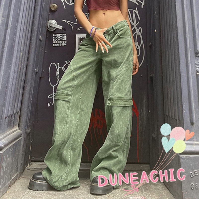 DUNEA Quần Denim Ống Rộng Phối Túi Phong Cách Vintage Cho Nữ