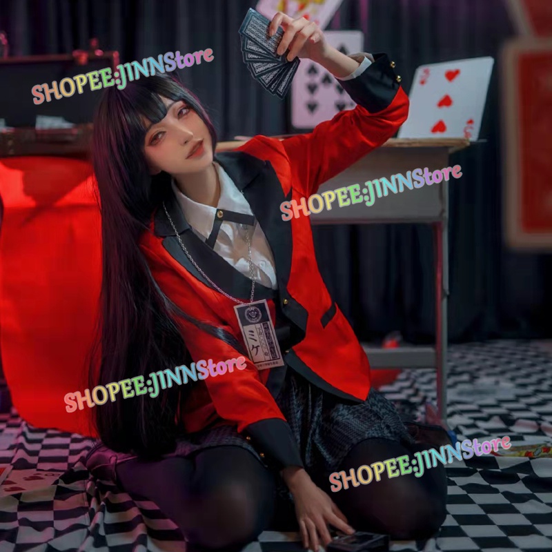 Quần áo hóa trang nhân vật Nhật Bản Anime KAKEGURUI Jabami Yumeko màu đỏ váy xếp ly và tóc giả (có bán lẻ)