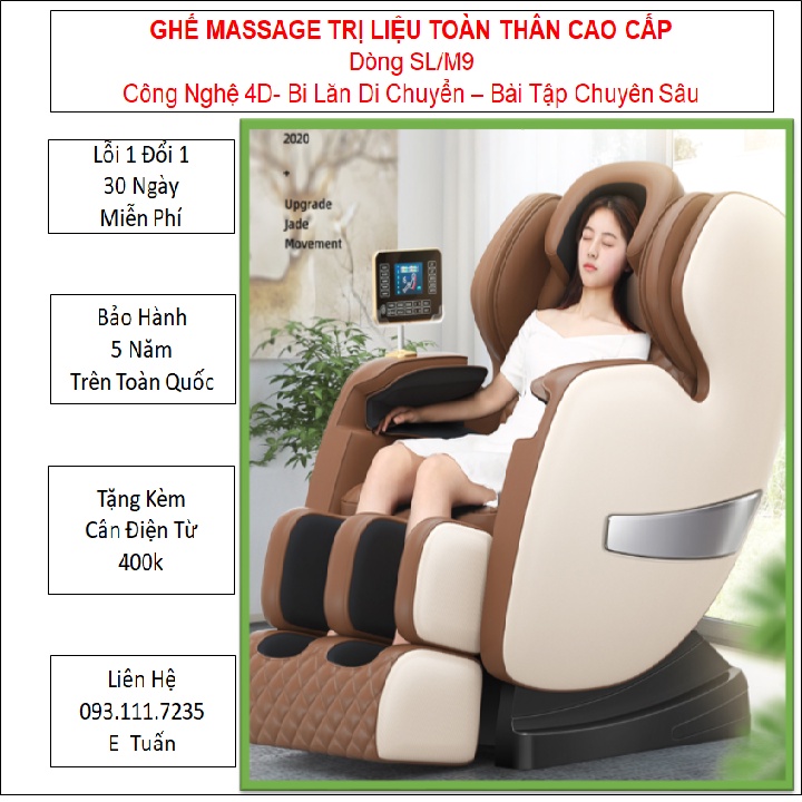 VIP - GHẾ MASSAGE TOÀN THÂN TRỤC SL - M9. CON LĂN 8D DI ĐỘNG. TẶNG KÈM CÂN ĐIỆN TỬ THÔNG BÁO CHỈ SỐ SỨC KHỎE.