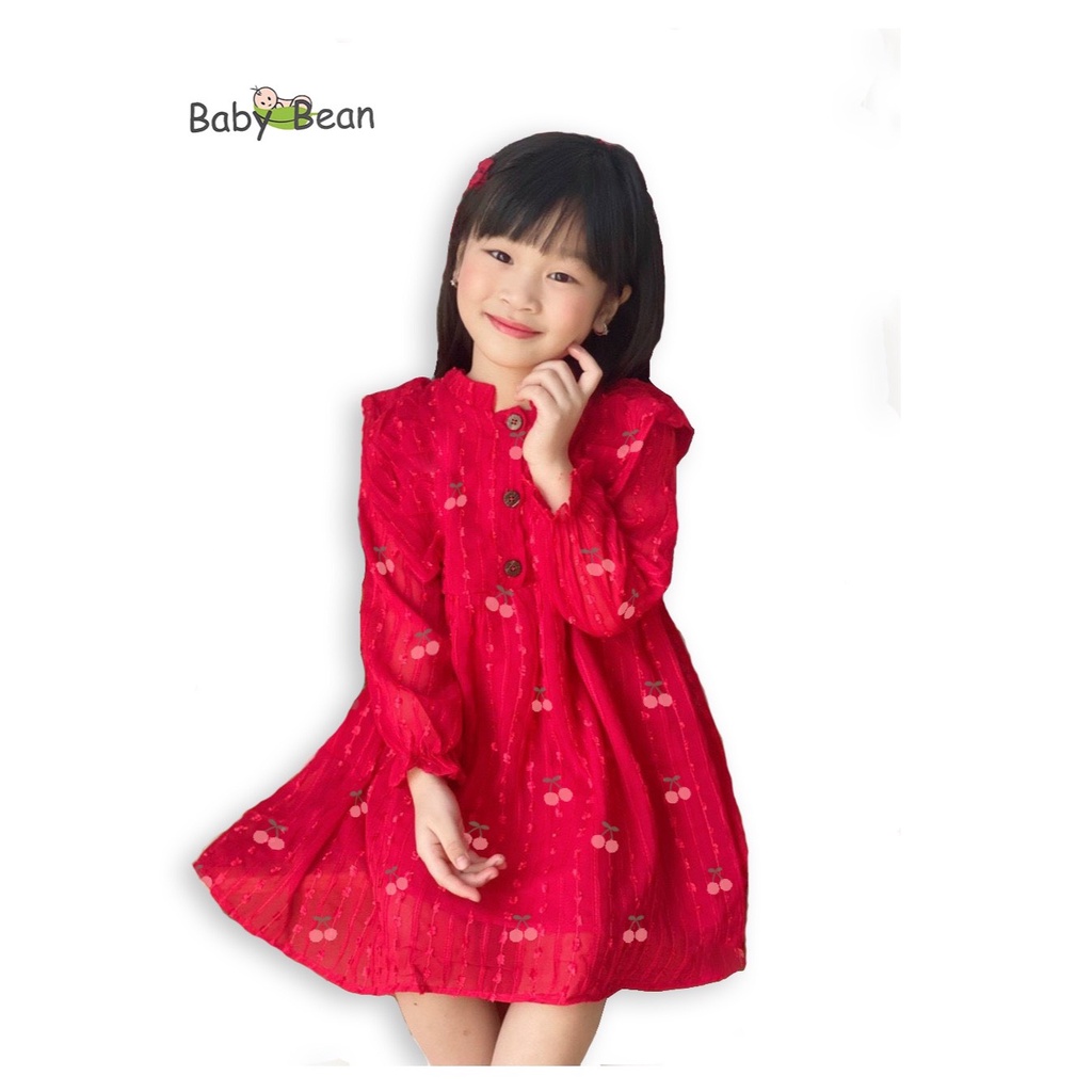 Váy Đầm Đũi Cổ Tàu Bèo Nhún Hoa Nhí Bé Gái BabyBean