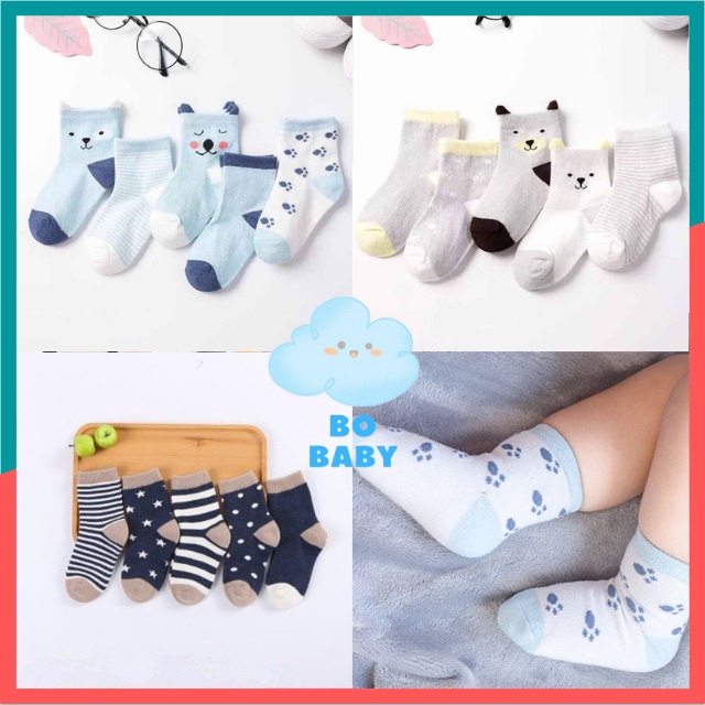 Tất Trẻ Em, Set 5 Đôi Tất Lưới Thông Hơi Cho Bé Trai Bé Gái 1,2,3 Tuổi, Hình Ngộ Nghĩnh- BoBaby