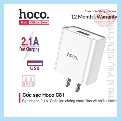 Cốc sạc nhanh HOCO C81 (5V-2.1A) | cốc sạc nhanh cho ĐT ,Samsung type c,micro usb android