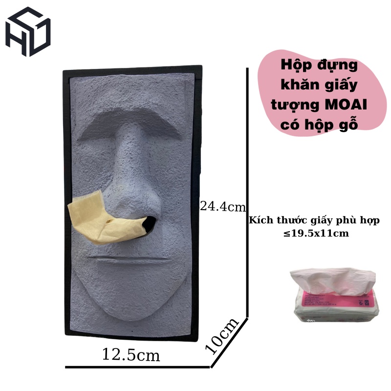 Tượng Rút Khăn Giấy Decor Nhà, Quán Ăn Hình MOAI Hộp Gỗ