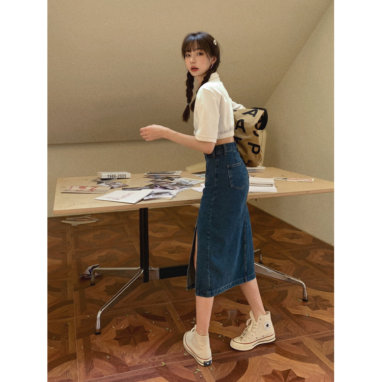 Chân Váy Denim Xanh Dương Xẻ Tà Lưng Cao Vừa Vặn 43784
