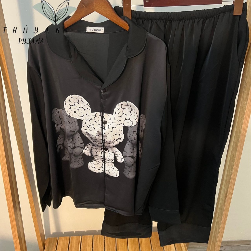 Bộ Pijama nữ bigsize tai chuột trắng tay dài chất lụa Mango ko nhăn dành cho nữ, mẹ bầu 60 -90kg