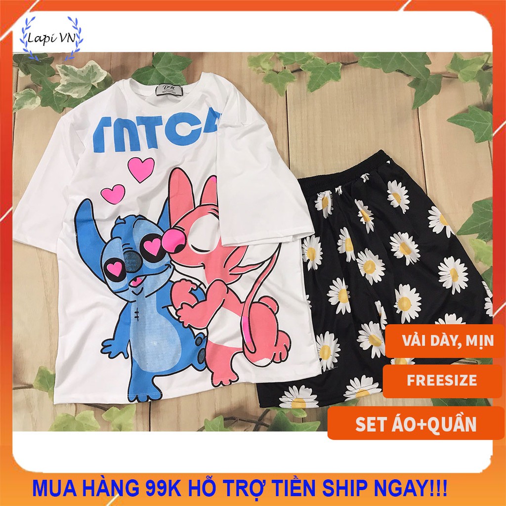 Set Đồ Bộ In Hình STITCH+ QUẦN cartoon HOA CÚC 3D Cute DB29 -Lapi VN Áo+ Quần Đùi Vải Thun Cotton Thoáng Mát, Freesize