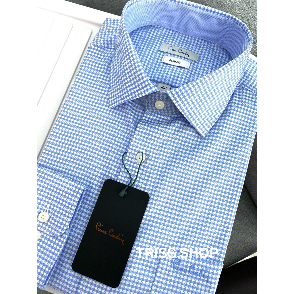 Áo sơ mi nam dài tay Pierre Cardin 11 xuất Hàn họa tiết caro cao cấp chất cotton thấm hút mồ hôi tốt mềm mại form slim