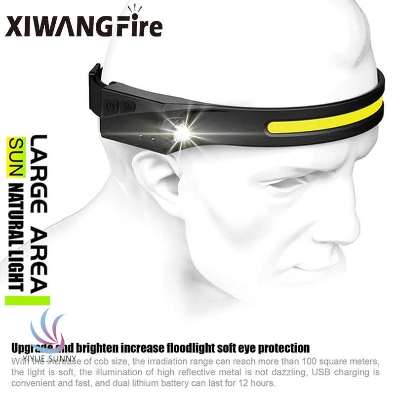 COB LED Headlamp Sensor Headlight with Built-in Battery Flashlight USB Rechargeable Head Lamp Torch Outdoor Cycling Lights 5 Lighting Modes Work Light YUE