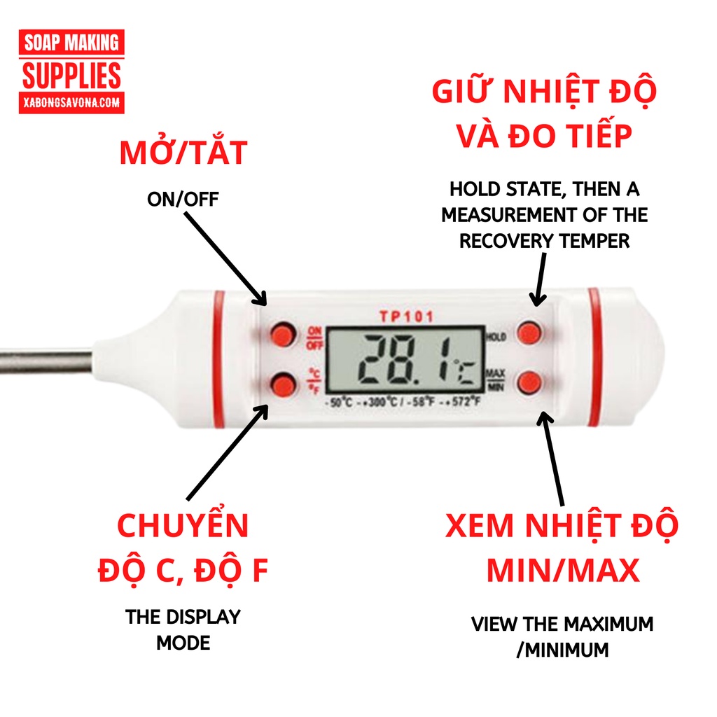 NHIỆT KẾ ĐIỆN TỬ ĐA NĂNG - ĐO NHIỆT ĐỘ NƯỚC, SỮA, THỰC PHẨM, MỸ PHẨM, LÀM XÀ PHÒNG SAVONA - SAVONA DIGITAL THERMOMETER