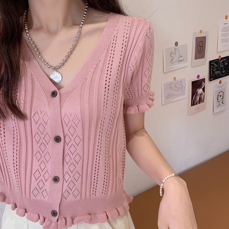 Áo Dệt Kim Tay Ngắn Phối Bèo Thiết Kế Thanh Lịch