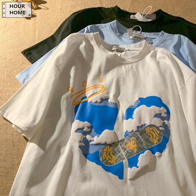 ☃HOME☃ Women  T-shirt Cotton Three-dimensional Foam Blue Sky White Cloud Print Short-sleeved Shirt