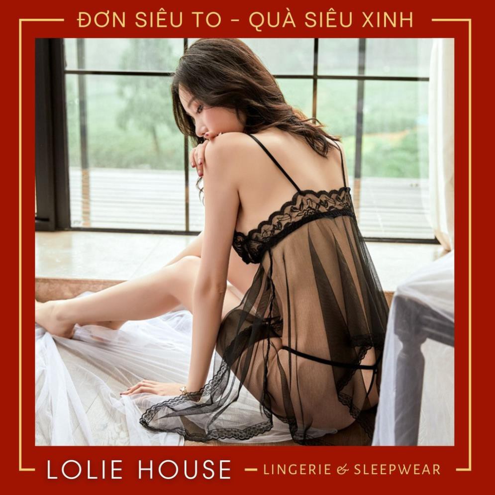 Váy ngủ sexy xuyên thấu - Đầm ngủ siêu mỏng trong suốt kèm quần lót dây lọt khe LOLIE HOUSE - VN7 😍