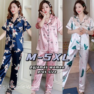 Bộ đồ ngủ 2 món bằng lụa satin ngắn tay plus size cho nữ M-5XL