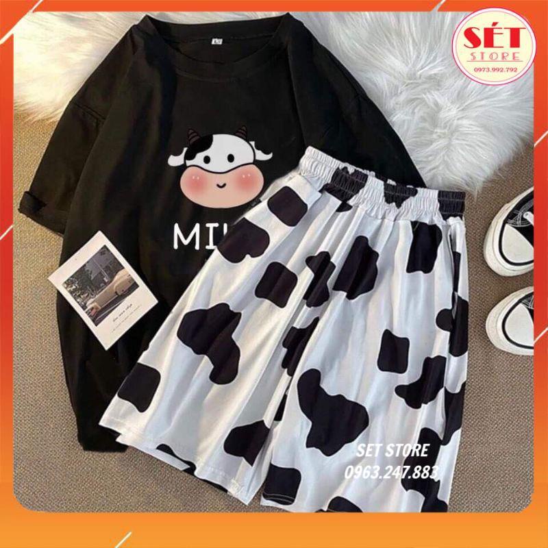 Set đồ nữ áo bò sữa unisex + quần đùi - 3 màu Đen,Trắng,Loang sữa SB133