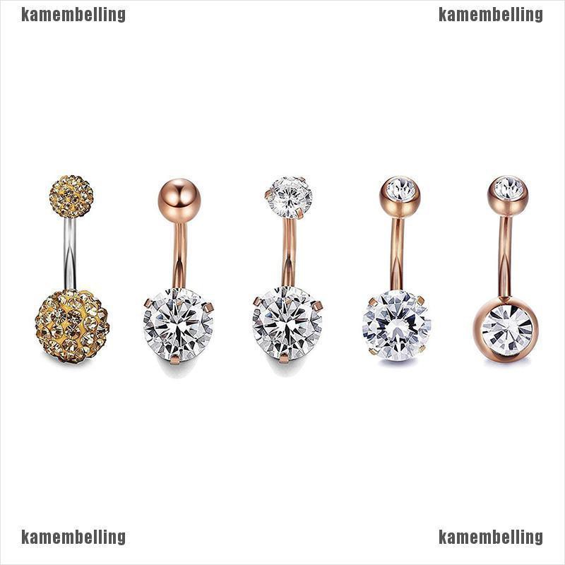 Bộ 5 Khuyên Rốn Bằng Thép Không Gỉ Đính Pha Lê