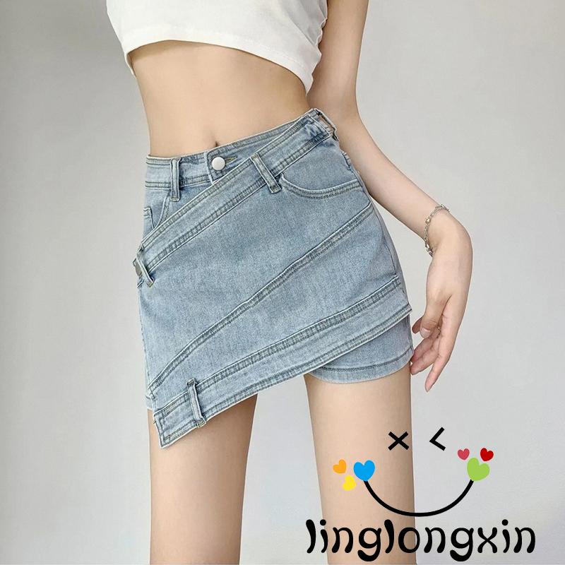 ❀Rc❀Quần Jeans Ngắn Ống Rộng Lưng Cao Màu Trơn Thời Trang Mùa Hè Cho Nữ