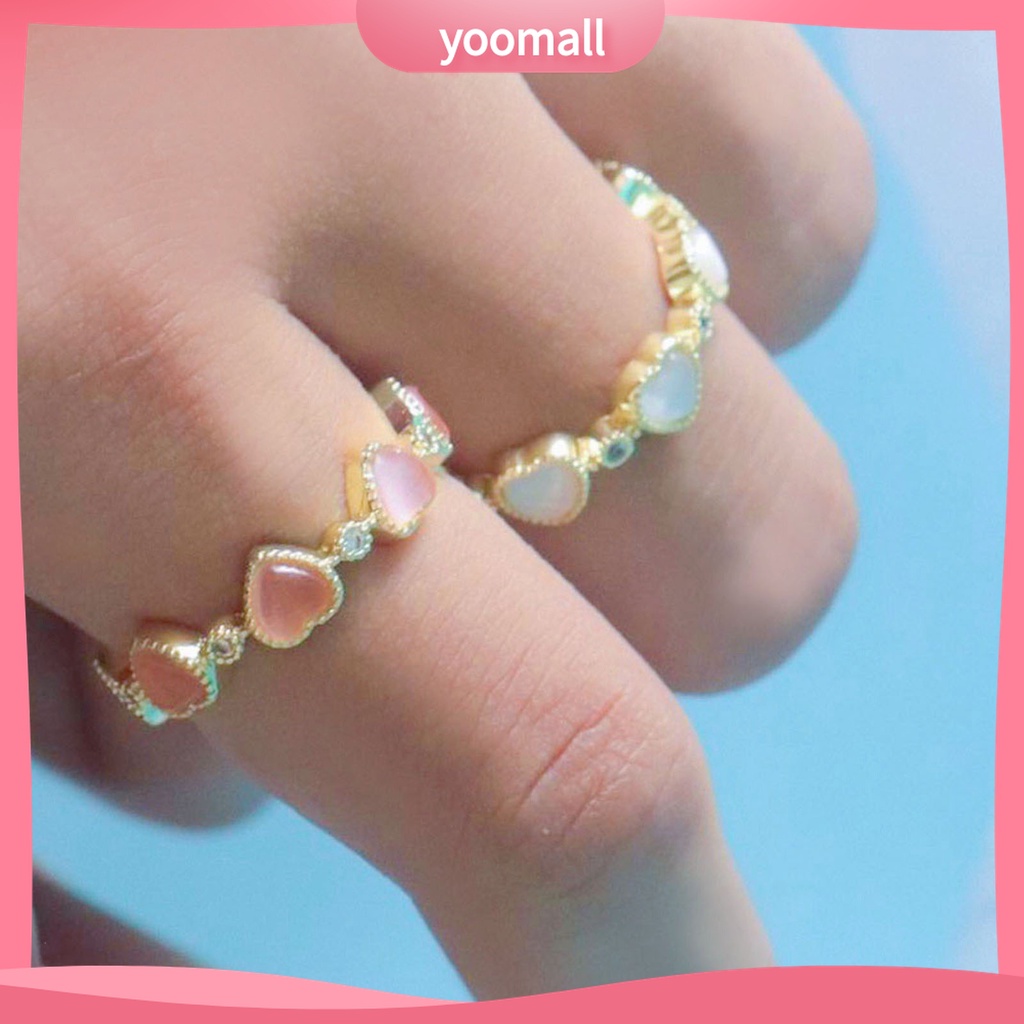 Yomall♡ Nhẫn Hở Đồng Đính Đá Opal Hình Trái Tim Thời Trang Có Thể Điều Chỉnh Cho Nữ
