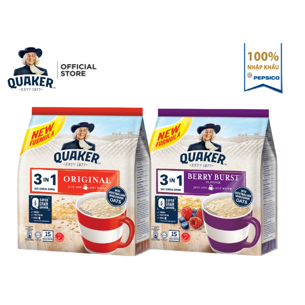 Combo 2 Túi Thức uống yến mạch Quaker 3in1 Vị Berry Burst 450g &amp; vị Truyền thống  420g