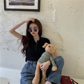 Áo croptop gân đũa cổ bẻ