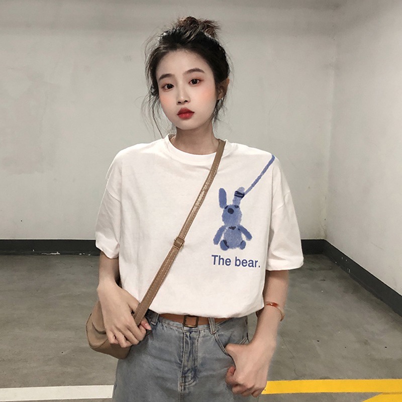 Áo thun ZHELIHANGFEI dáng rộng in hình thỏ graffiti dễ phối đồ