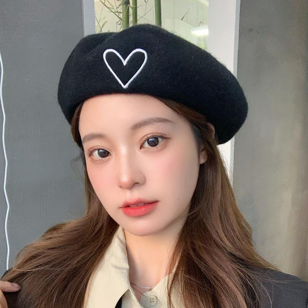Mũ nồi vải len thêu họa tiết trái tim phong cách Hàn Quốc dễ thương cho nữ