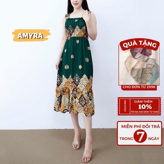 Đầm maxi dài 2 dây bản to đi biển bào mùa hè AMYRA - Váy maxi dài đi biển họa tiết hoa bo chiết eo cao che vòng 2 VA103
