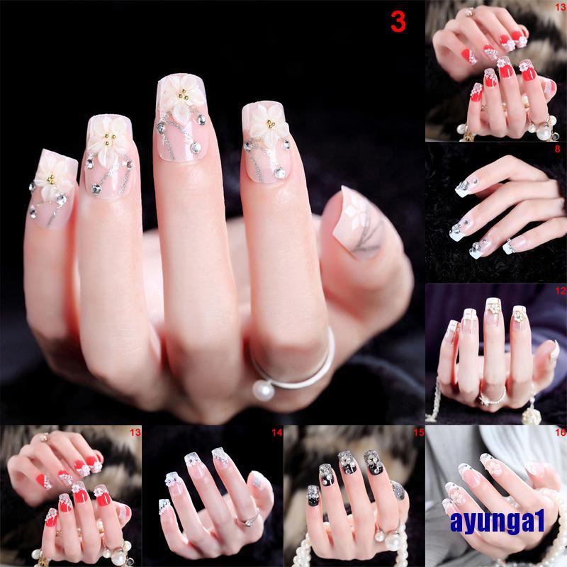 [Hàng mới về] Bộ 24 móng tay giả màu trong suốt trang trí hoa xinh xắn thích hợp cho cô dâu diy