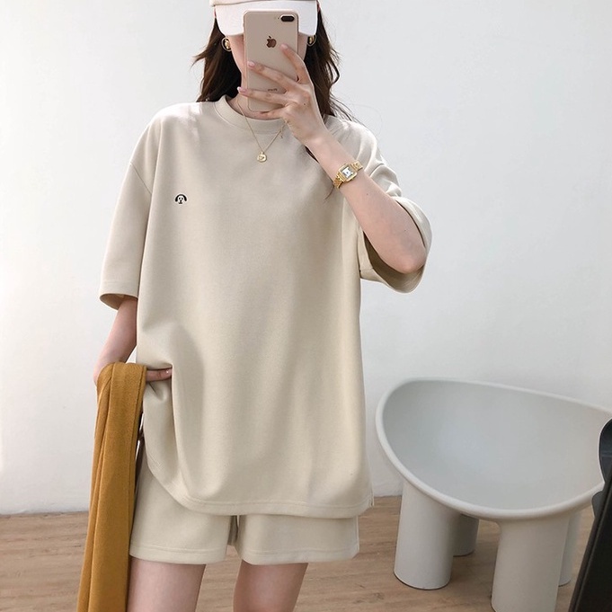 Set thun xốp tay lỡ thêu cún nữ - Bộ áo phông form rộng cộc tay mix quần short suông trơn, style Ulzzang
