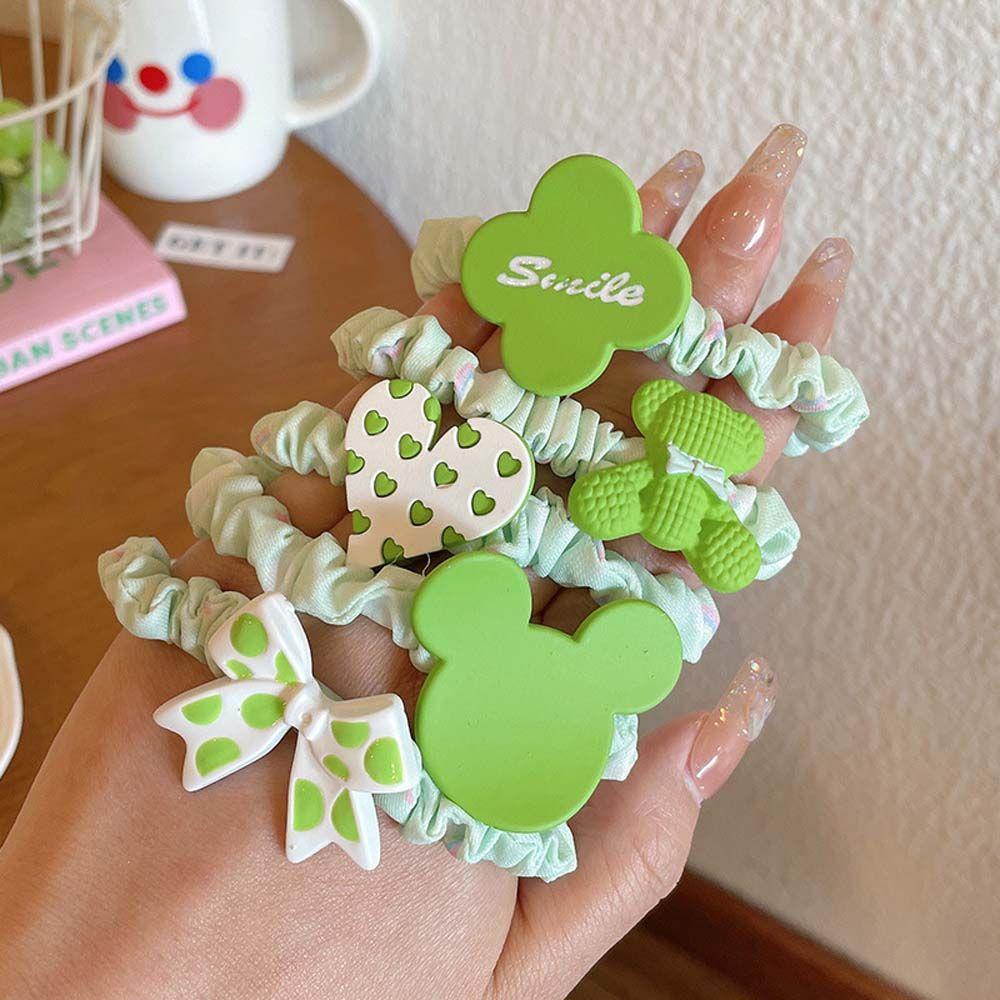 Bộ Dây Buộc Tóc Họa Tiết Cỏ Bốn Lá / Gấu Hoạt Hình Màu Xanh Lá Phong Cách Hàn Quốc Cho Bé Gái