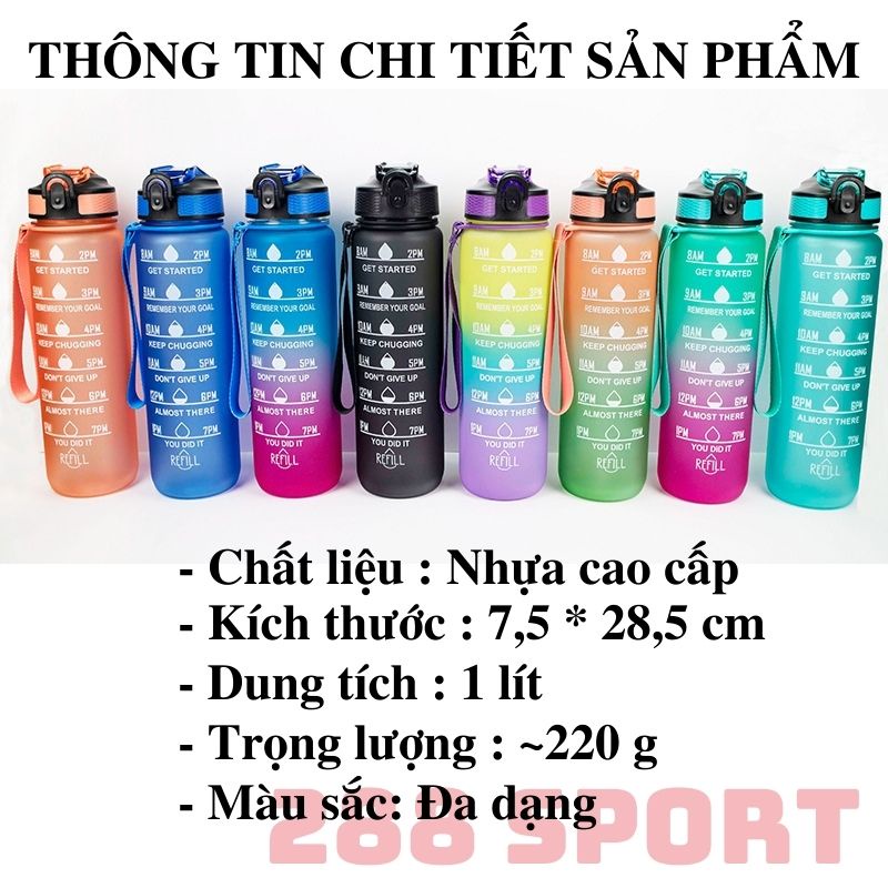 Bình đựng nước thể thao 1 lít tập gym, yoga, đi học, bình nước có ống hút và vạch báo giờ uống nước