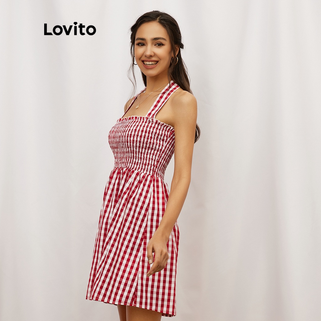 Đầm Lovito dáng chữ A dây buộc họa tiết caro thường ngày L19D352 (đỏ &amp; trắng)