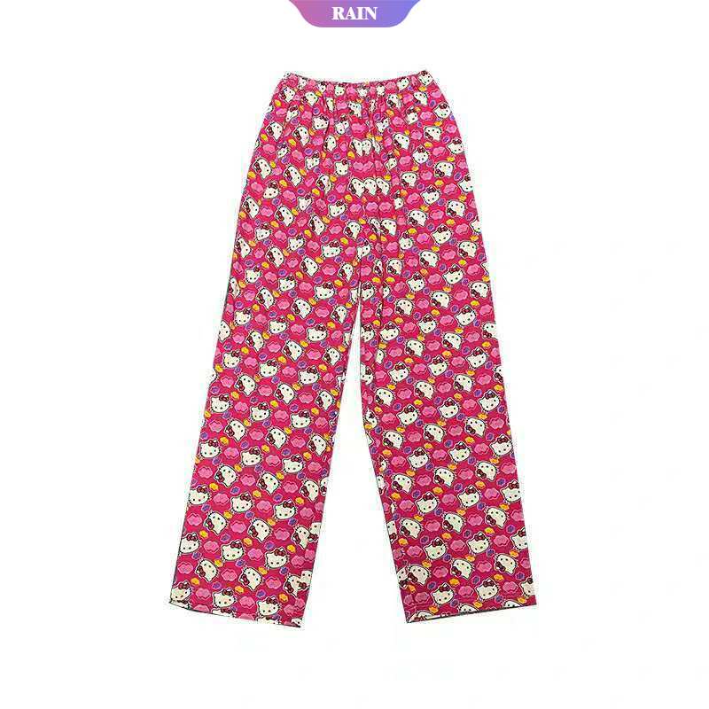 Quần Ống Rộng Lưng Cao Họa Tiết Hoạt Hình Sanrio Hello Kitty Dễ Thương Dành Cho Nữ [RAIN]
