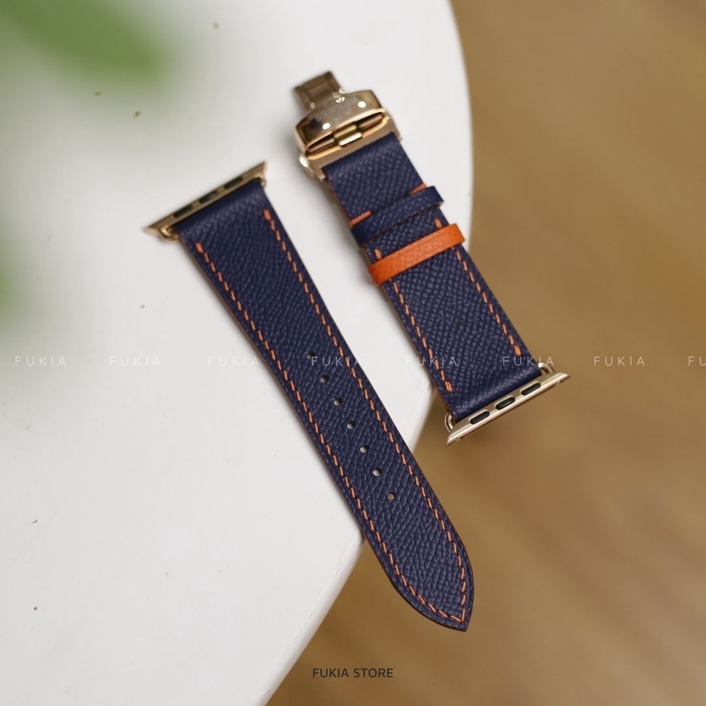 Dây da thủ công Epsom Xanh Navy Mix Cam dành cho Apple Watch, đồng hồ thông minh, đồng hồ cơ DDTC122