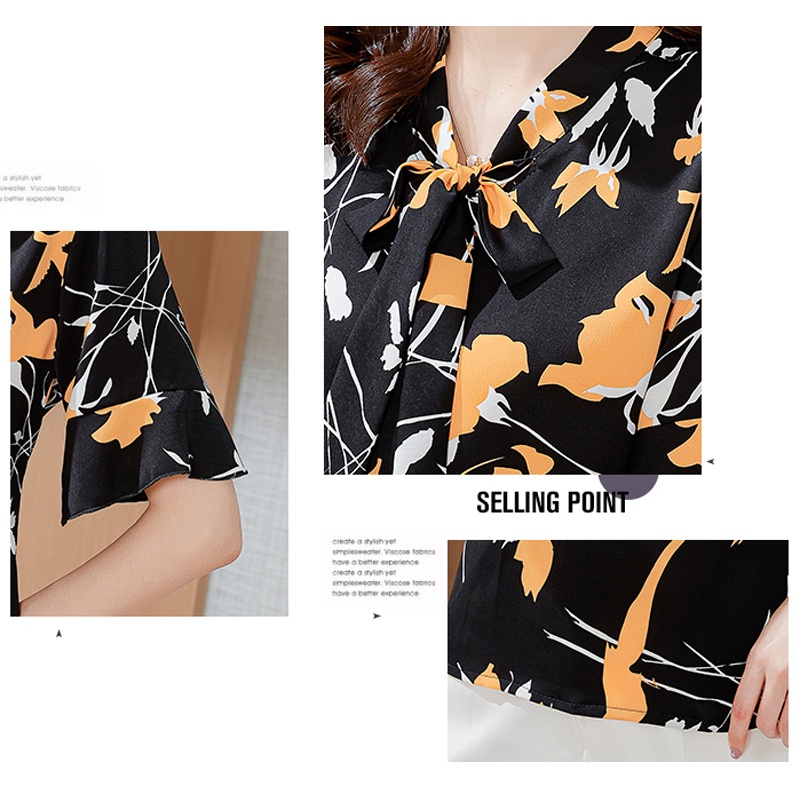 Áo Sơ Mi Chiffon Tay Ngắn Thắt Nơ In Họa Tiết Thời Trang Hàn Quốc Cho Nữ Size L-5XL