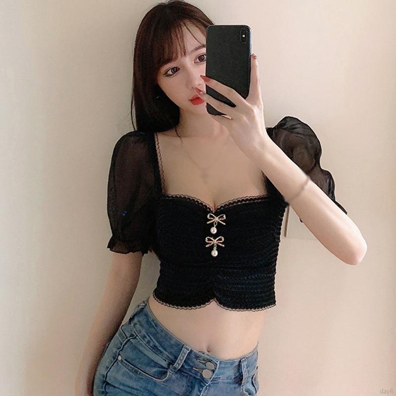 Áo Thun Ngắn Tay Cổ Vuông Phối Ren Gợi Cảm Cho Nữ Day6