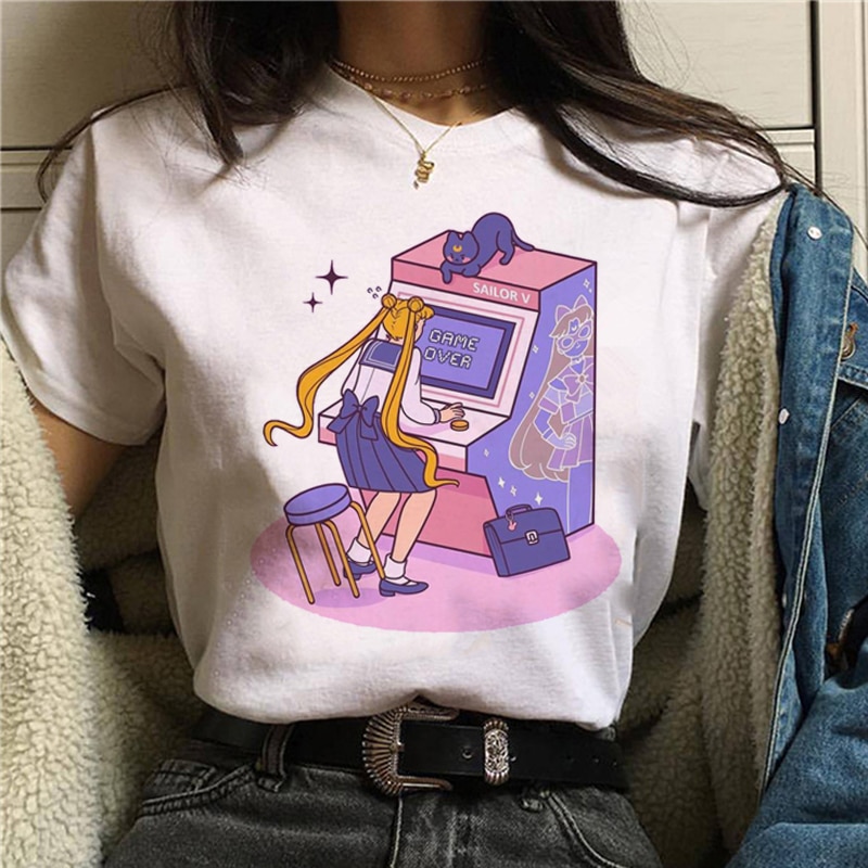 Thủy thủ Mặt trăng Phim hoạt hình dễ thương Áo phông nữ tay ngắn mỏng màu trắng Top Anime T-shirt