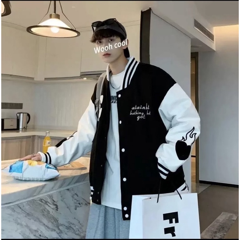 Áo bomber phối tay da chữ E TC6