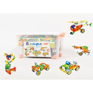 Bộ QUÀ TẶNG đồ chơi lắp ghép xe và máy bay BUILD & PLAY, hộp nhựa cứng No.J7751 - quà sinh nhật, quà cho bé mới lớn