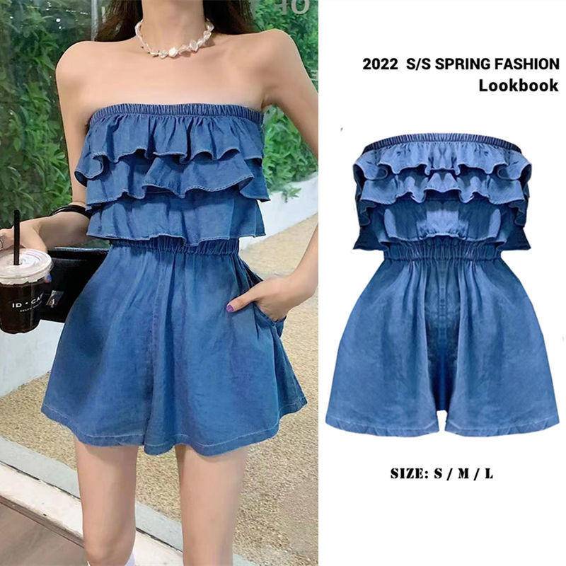 Áo Liền Quần Ống Rộng Vải Bò Một Bên Vai Quần Soóc Nữ Áo Liền Quần Ống Rộng Mỏng Khoe Eo Cao