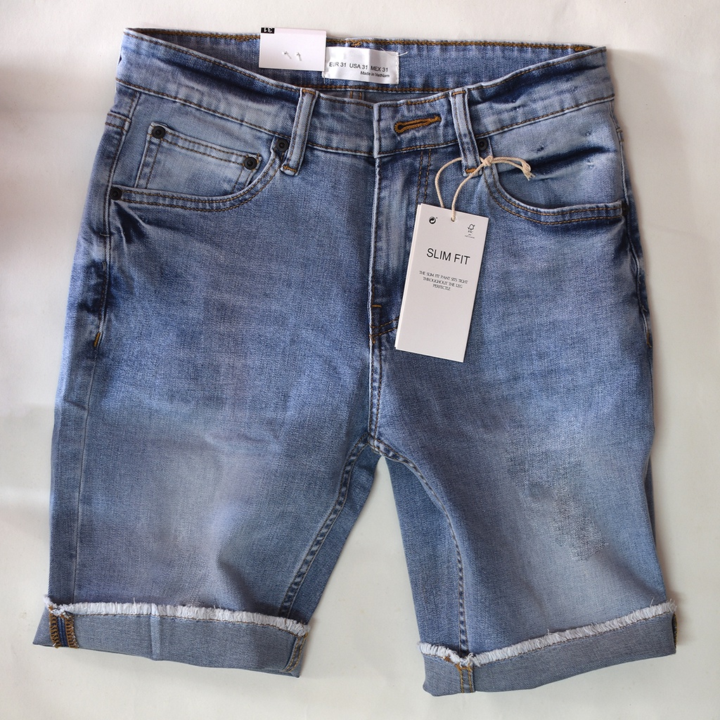 Quần short jean nam trơn màu xanh chất liệu quần bò co giãn hàng xuất khẩu Hàn Quốc thời trang nam Routine 2022