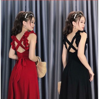 ĐẦM  MAX CÁNH TIÊN DÂY CHÉO LƯNG THẮT NƠ EO MÀU ĐỎ, ĐEN, VÀNG FREE SIZE