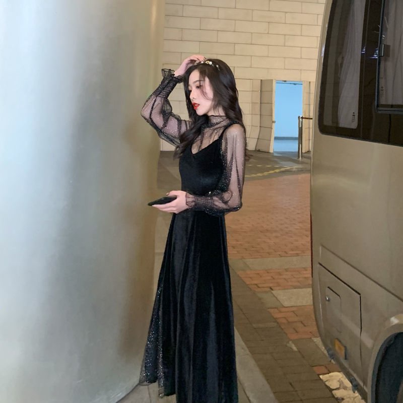 Set đầm hai dây vải nhung mềm mịn thời trang cho nữ