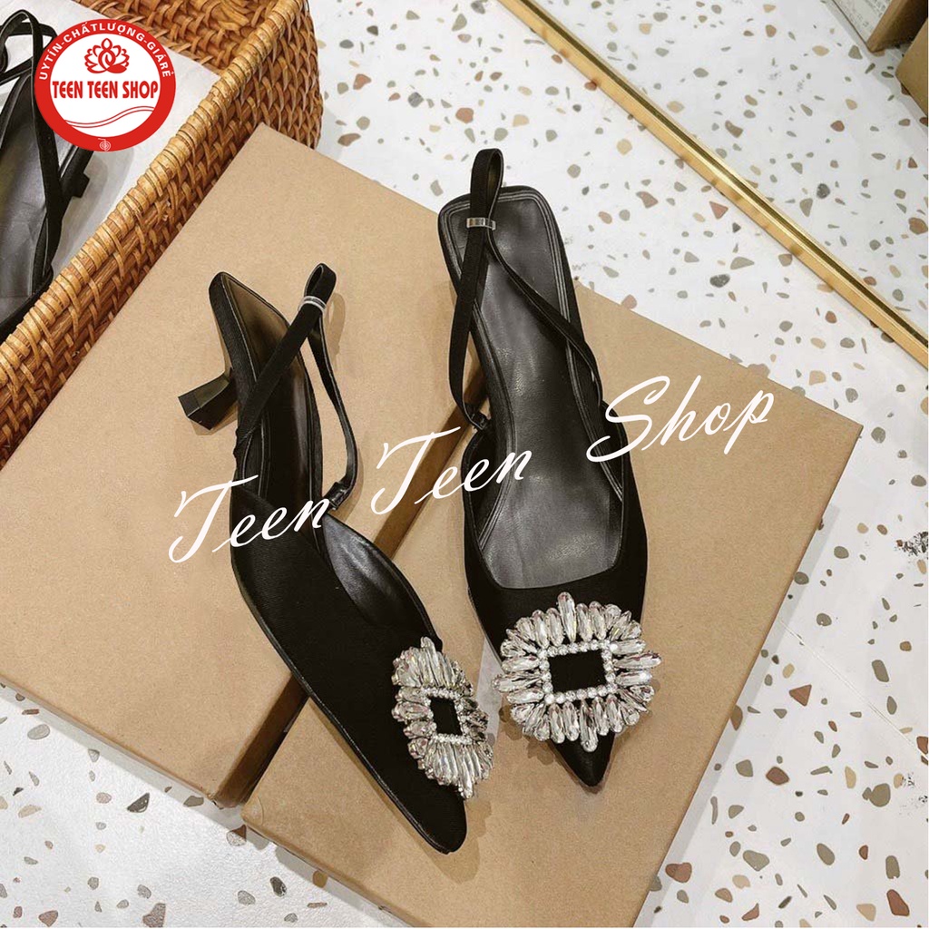 Giày sandal cao gót nữ thời trang công sở cao 4cm màu đen bít mũi, nơ đá xinh, Teen Teen Shop mã ZRDinhDa