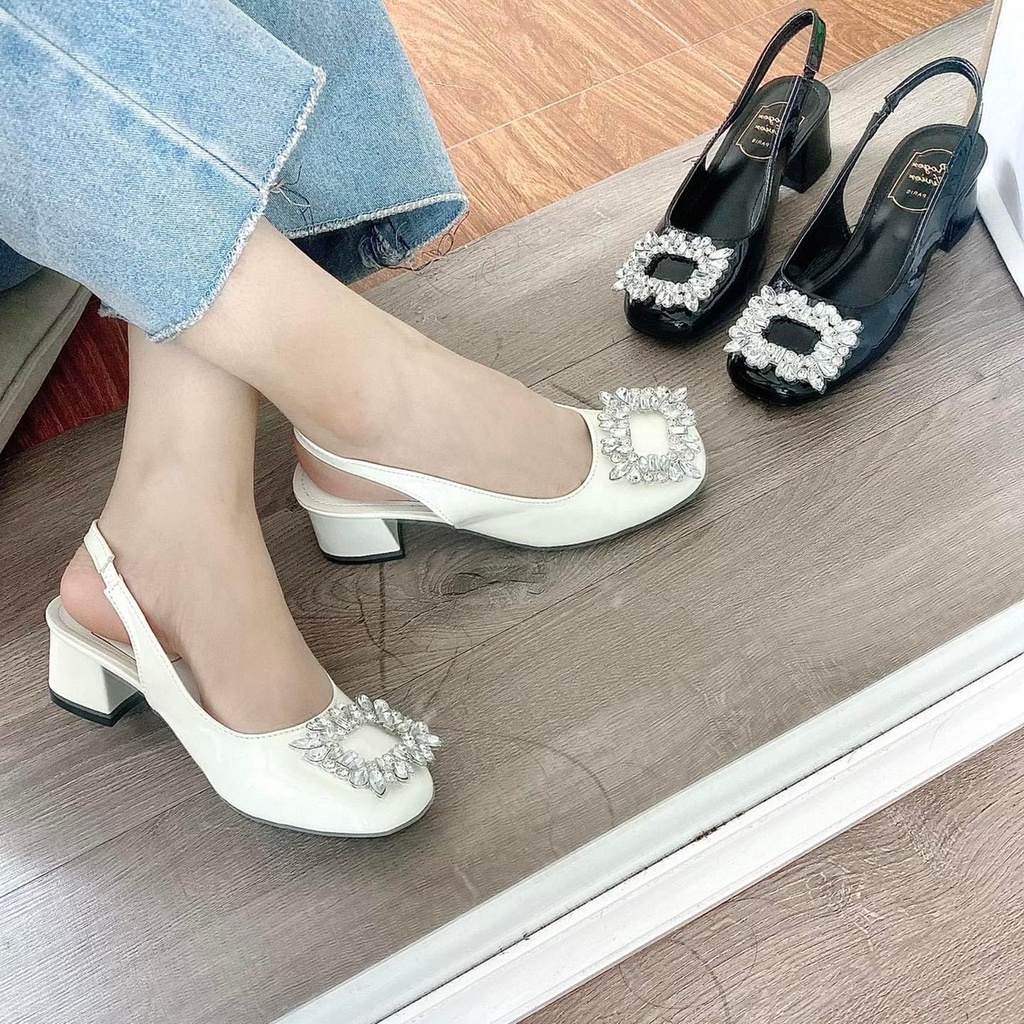 Sandal bít mũi da bóng vuông nơ đá trắng gót trụ thấp - 3P