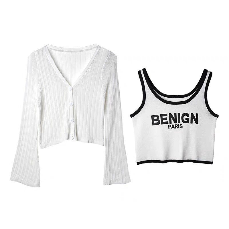 Set kiểu áo thun ba lỗ croptop viền màu chữ kiểu kèm áo khoác ngoài cá tính MS70