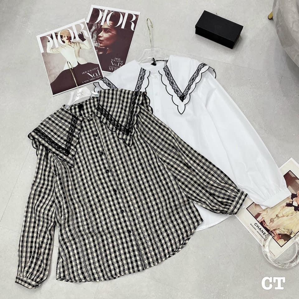 Áo kiểu nữ đẹp cổ nhọn may viền ren, áo sơ mi kiểu tiểu thư cực xinh SS106 | BigBuy360 - bigbuy360.vn