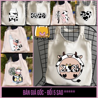 Túi Tote canvas quai TRÒN có khóa kéo in hình BÒ SỮA tổng hợp - Túi Mơ To store