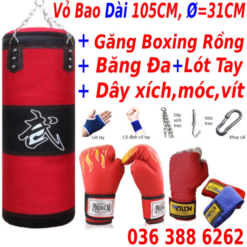 Vỏ Bao Cát Treo Đấm Bốc Tập Võ + Găng MMA Hở Ngón Hoặc Găng Bao Tay Đấm Bốc Boxing Zooboo hoặc BN + Băng Đa Cuốn Tay