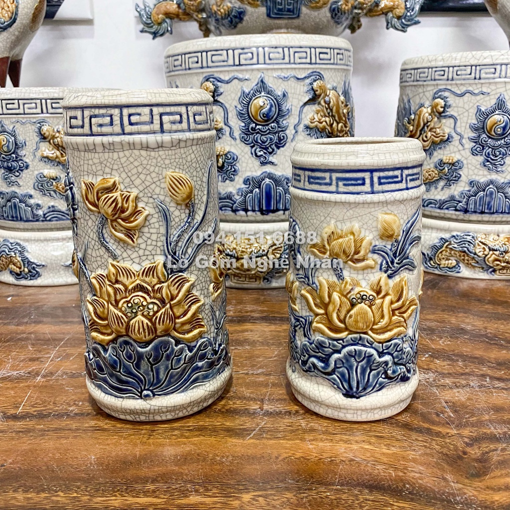 Lọ Đựng Hương, Ống Cắm Hương Rồng, Sen Thờ Cúng men rạn -  Đồ Thờ Cúng Bát Tràng
