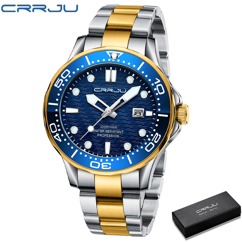 CRRJU Men's Quartz Watch Fashion Luxury Sports Military Stainless Steel Strap Luminous Waterproof 2192S